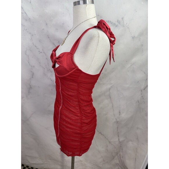 y2k Victoria Secret Lingerie Babydoll Dress Red Rhinestone Bling Bow Peek A Boo - Picture 15 of 16